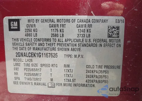 2016 Chevrolet Equinox Lt from USA, damaged, VIN 2GNALCEK1G1167626